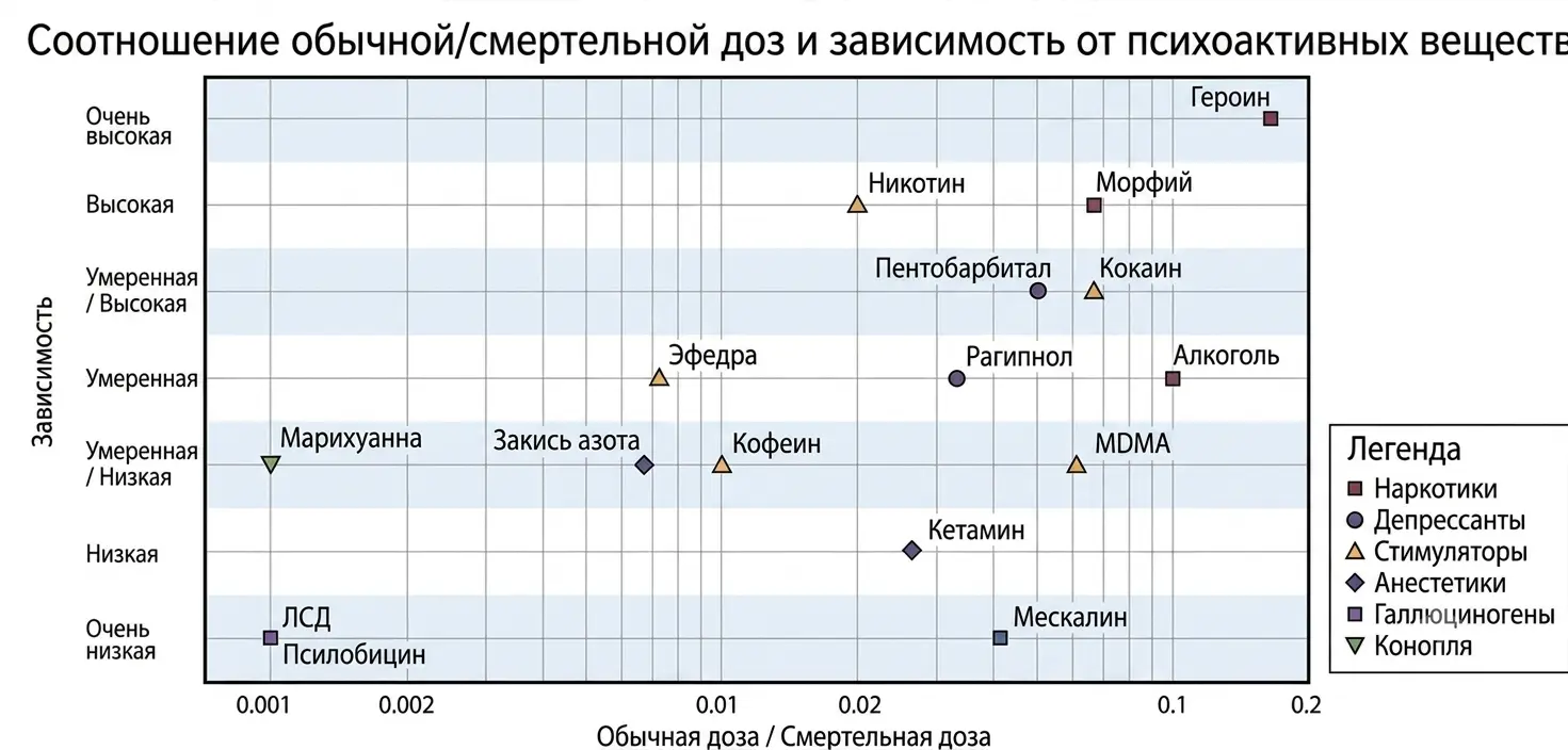 Соотношение обычной/смертельной доз и зависимость от психоактивных веществ